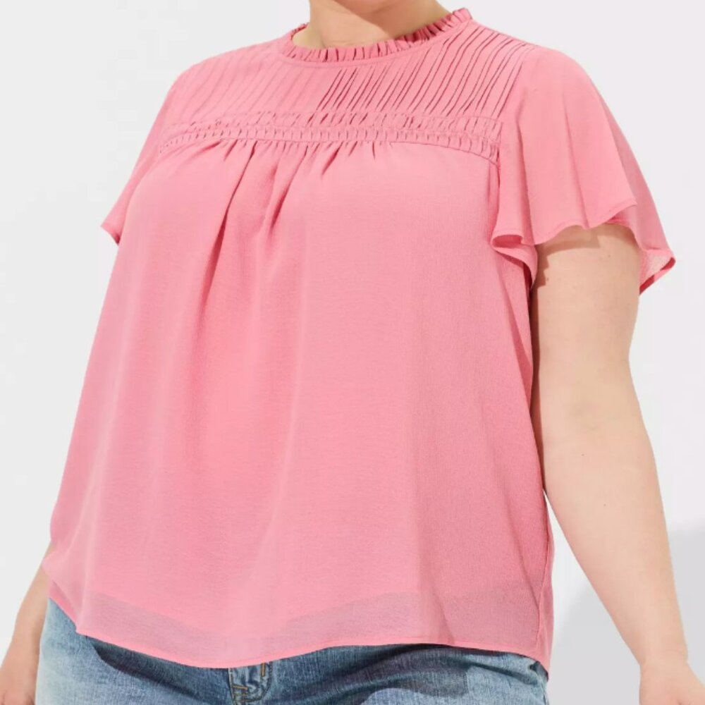 Torrid Chiffon Smocked Pintuck Flutter Short Sleeve Blouse
